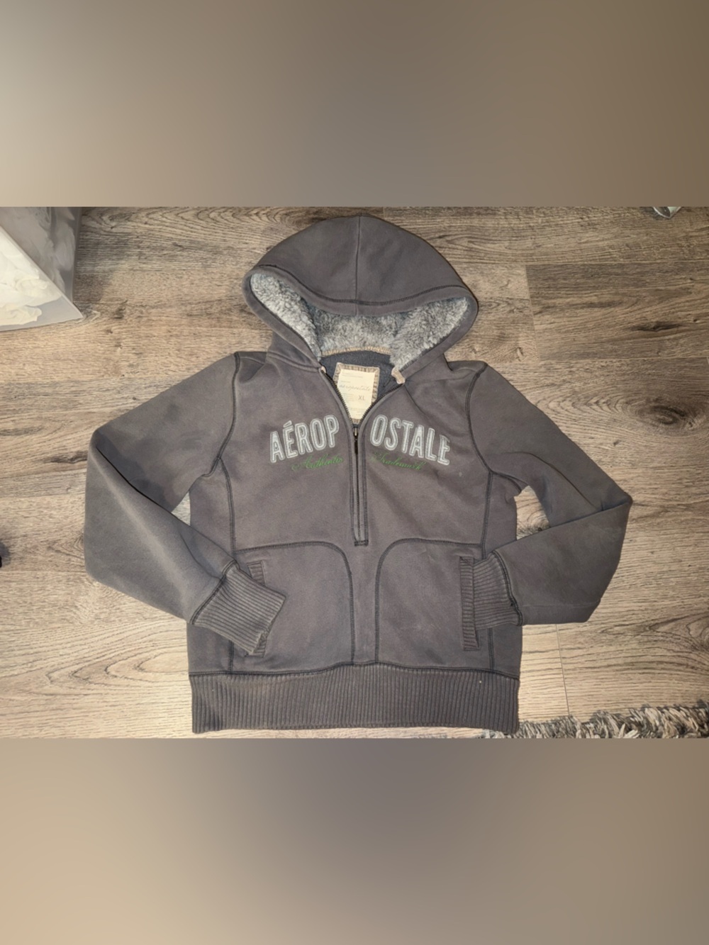 Y2K Vntge Aeropostale 87 Grey Half Zip Hoodie w/ Faux Fur Hood XL